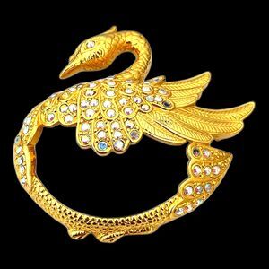 Vintage 1980s Edgar Berebi Swan Brooch AB Crystal Gold Tone - 1E